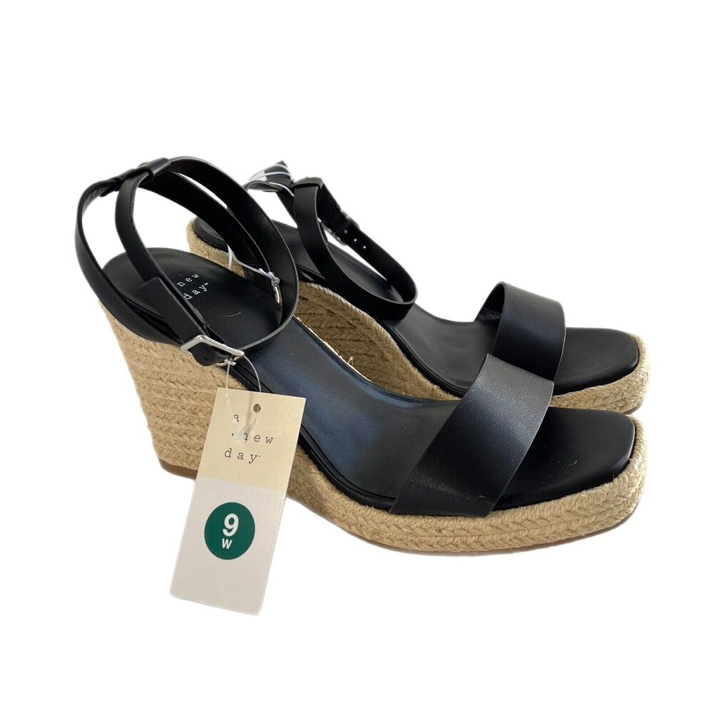 A New Day Women's Lola Faux Leather Espadrille Wedge Heels - Black 9 Wide - NWT